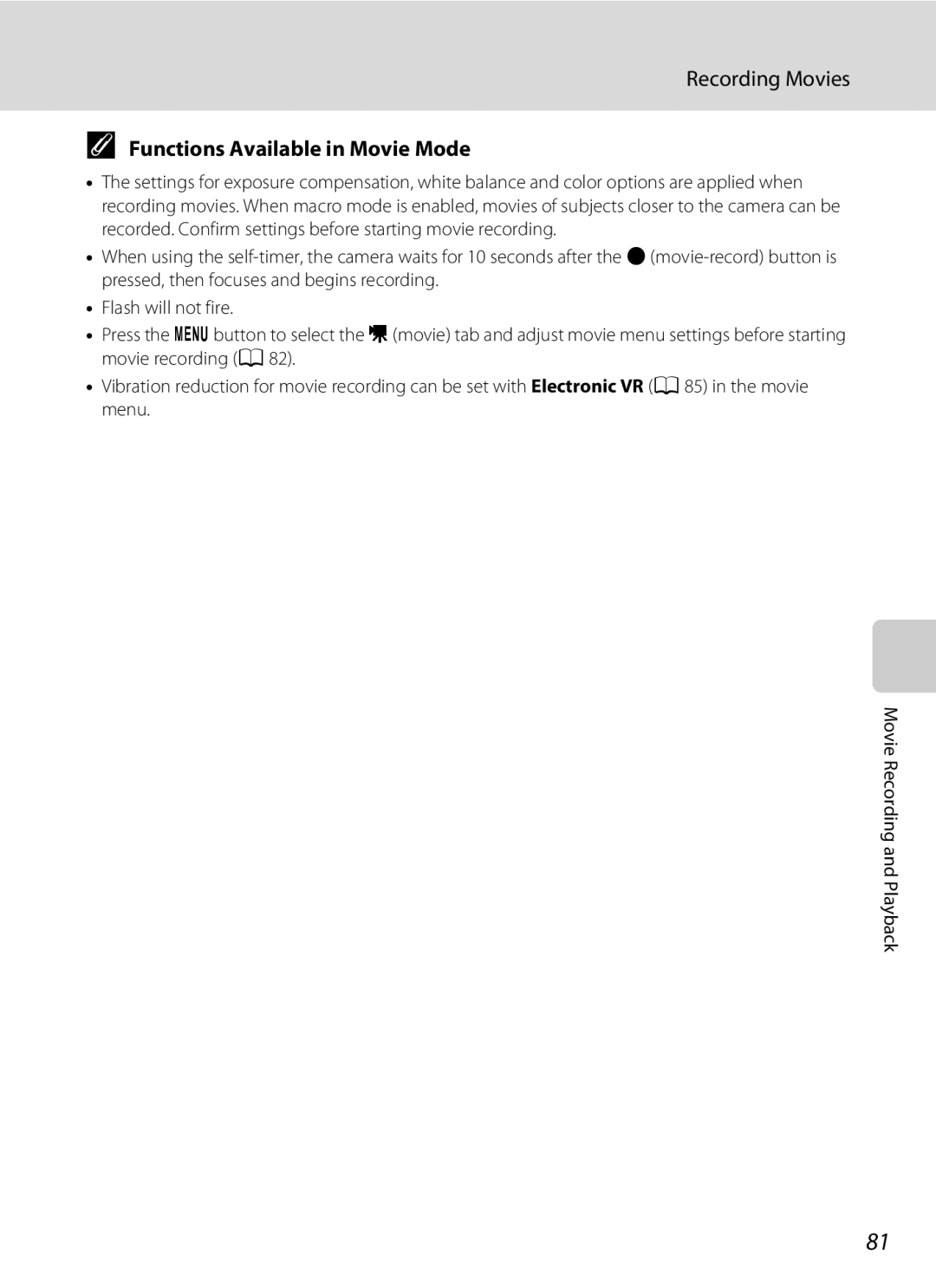 Nikon COOLPIXL120BLK, COOLPIXL120BRONZE, COOLPIXL120RED user manual Functions Available in Movie Mode 