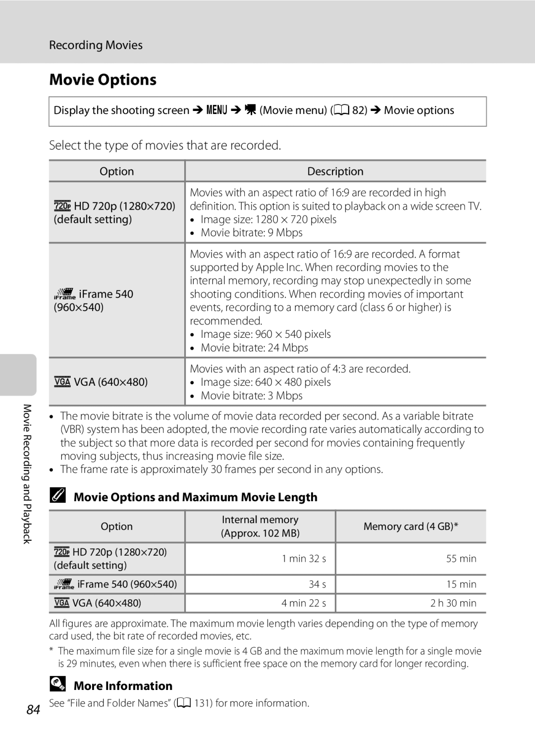 Nikon COOLPIXL120BLK user manual Select the type of movies that are recorded, Movie Options and Maximum Movie Length 