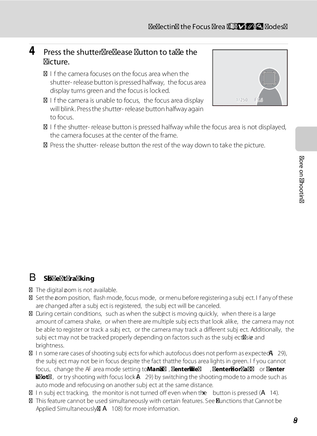 Nikon COOLPIXP7000 user manual Selecting the Focus Area A, B, C, D Modes, Subject Tracking 