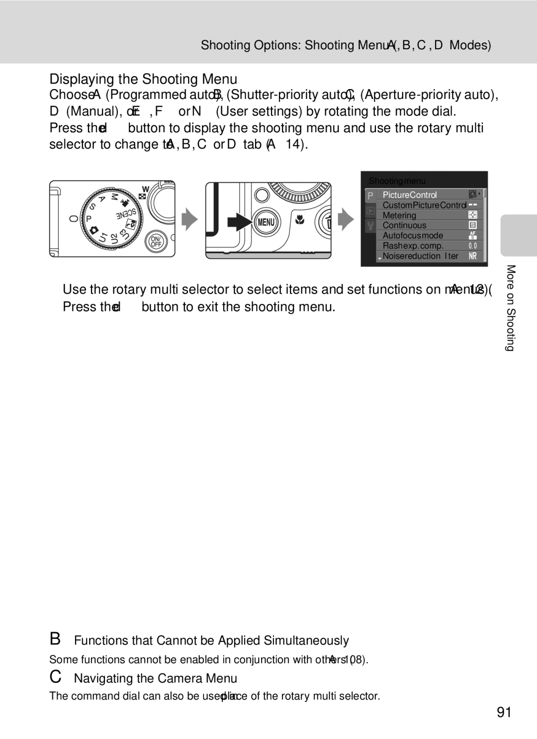 Nikon COOLPIXP7000 user manual Displaying the Shooting Menu, Shooting Options Shooting Menu A, B, C, DModes 