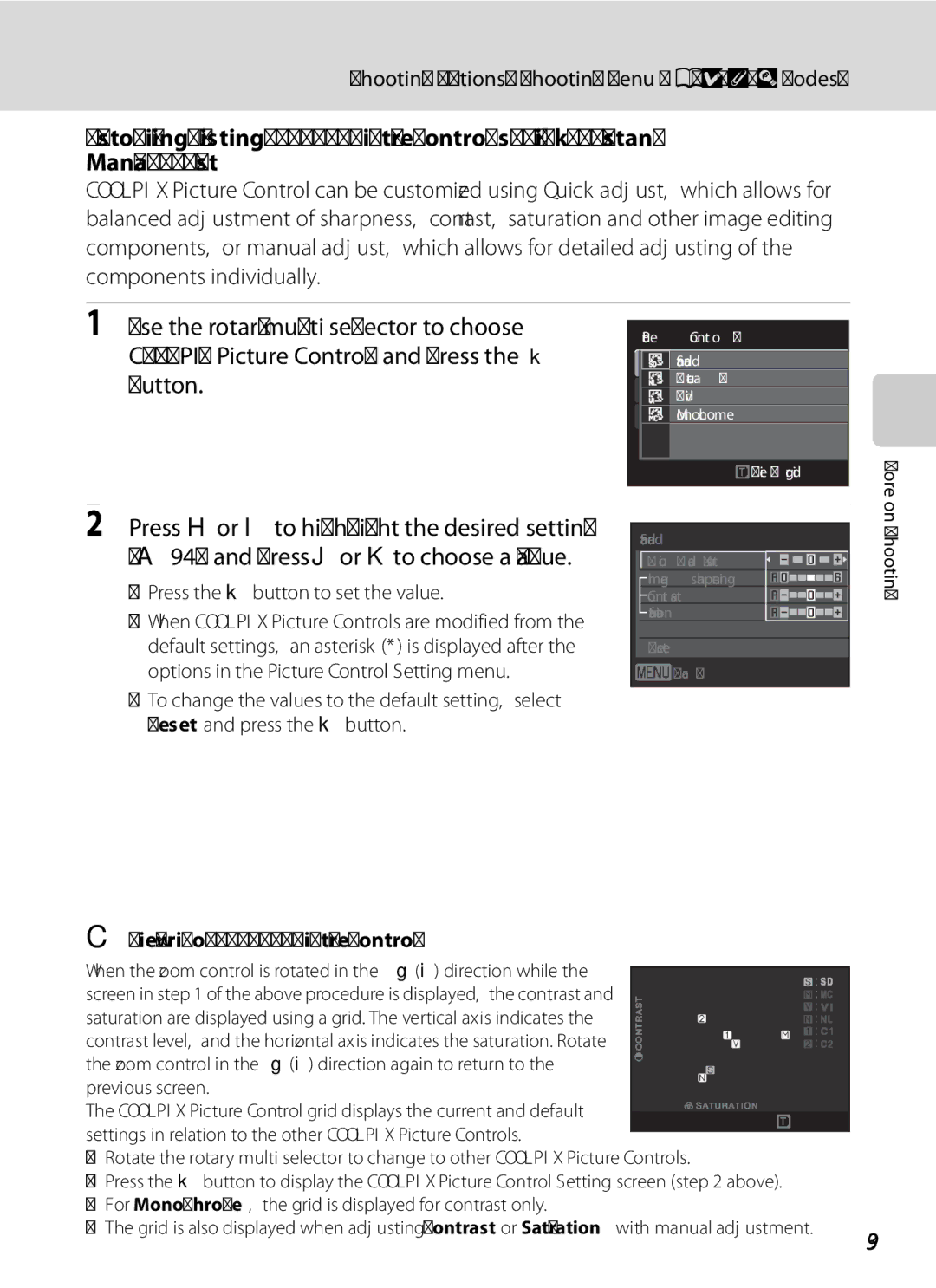 Nikon COOLPIXP7000 user manual Shooting Options Shooting Menu A, B, C, D Modes, View Grid of Coolpix Picture Control 