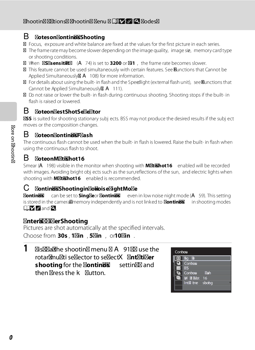 Nikon COOLPIXP7000 user manual Interval Timer Shooting, 100, Continuous Shooting in Low Noise Night Mode 