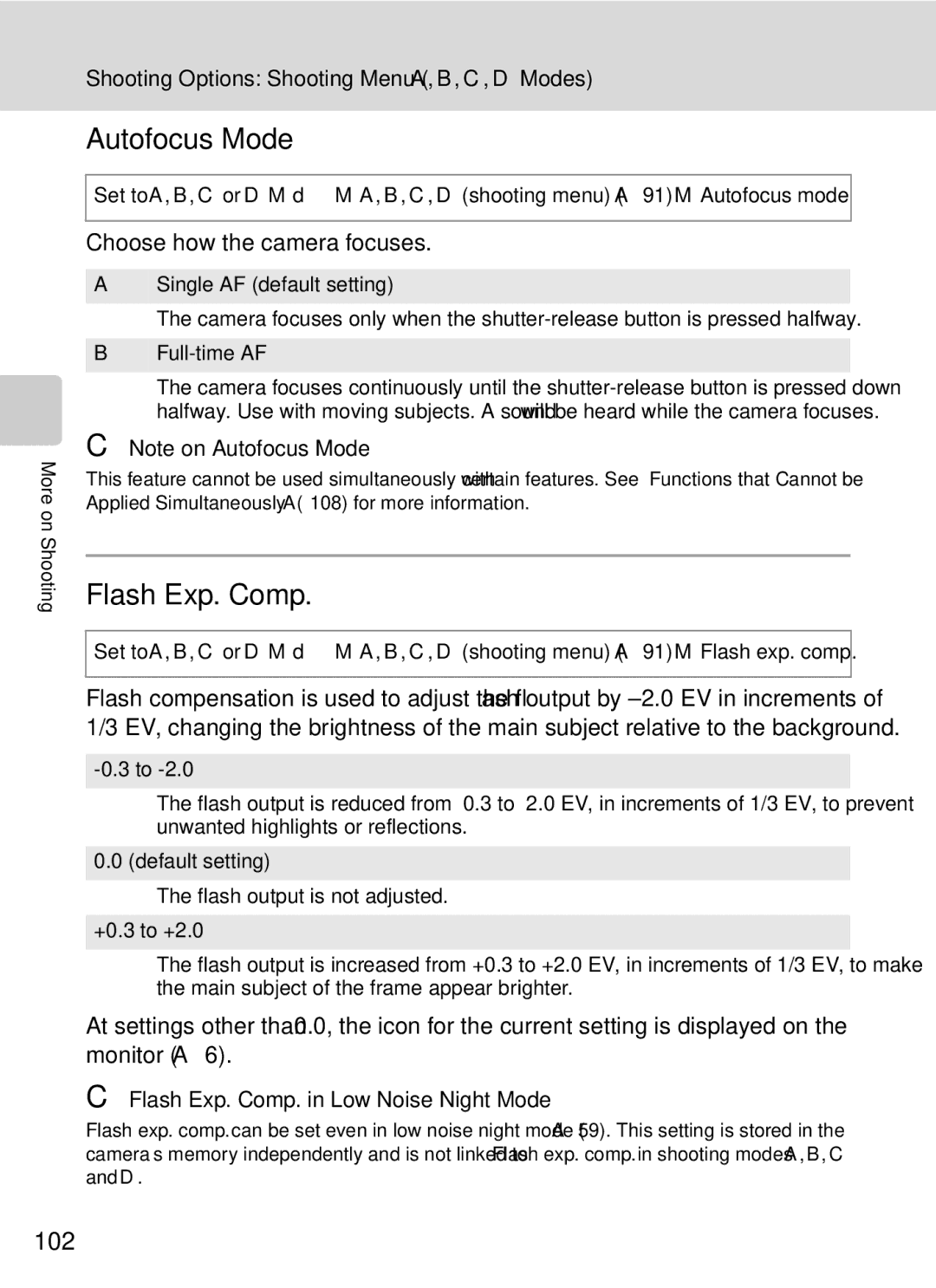 Nikon COOLPIXP7000 user manual Autofocus Mode, Flash Exp. Comp, 102, Choose how the camera focuses 