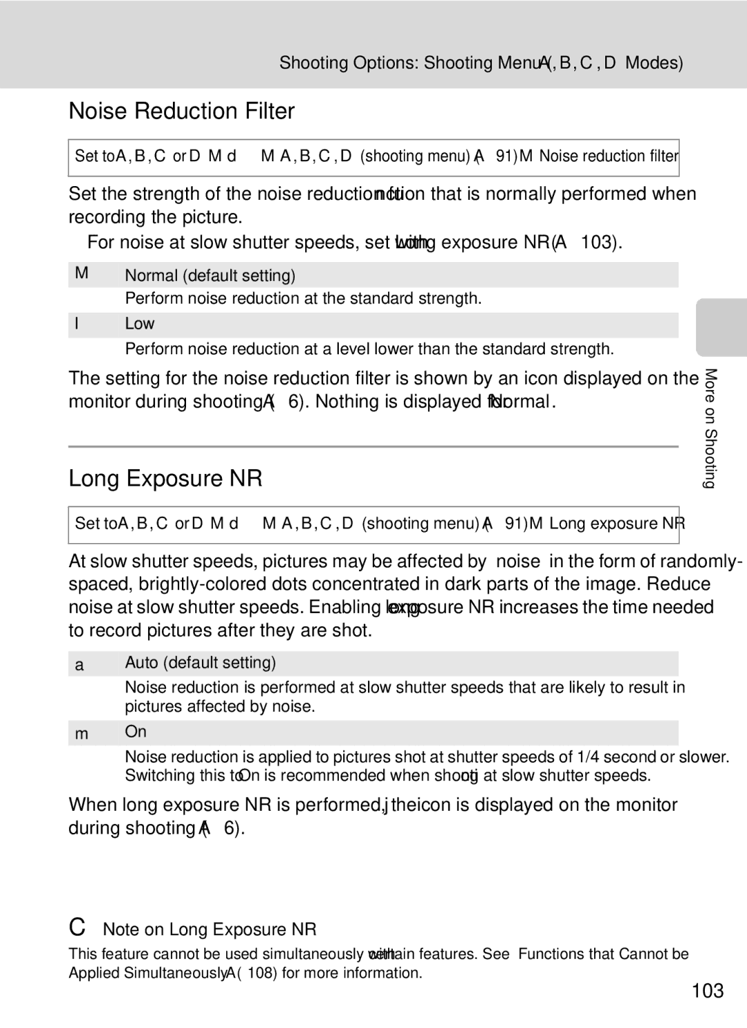 Nikon COOLPIXP7000 user manual Noise Reduction Filter, Long Exposure NR, 103 