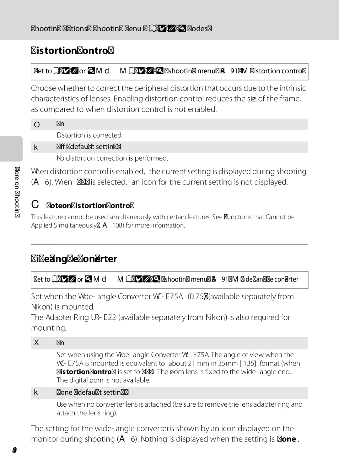 Nikon COOLPIXP7000 user manual Distortion Control, Wide-angle Converter, 104 