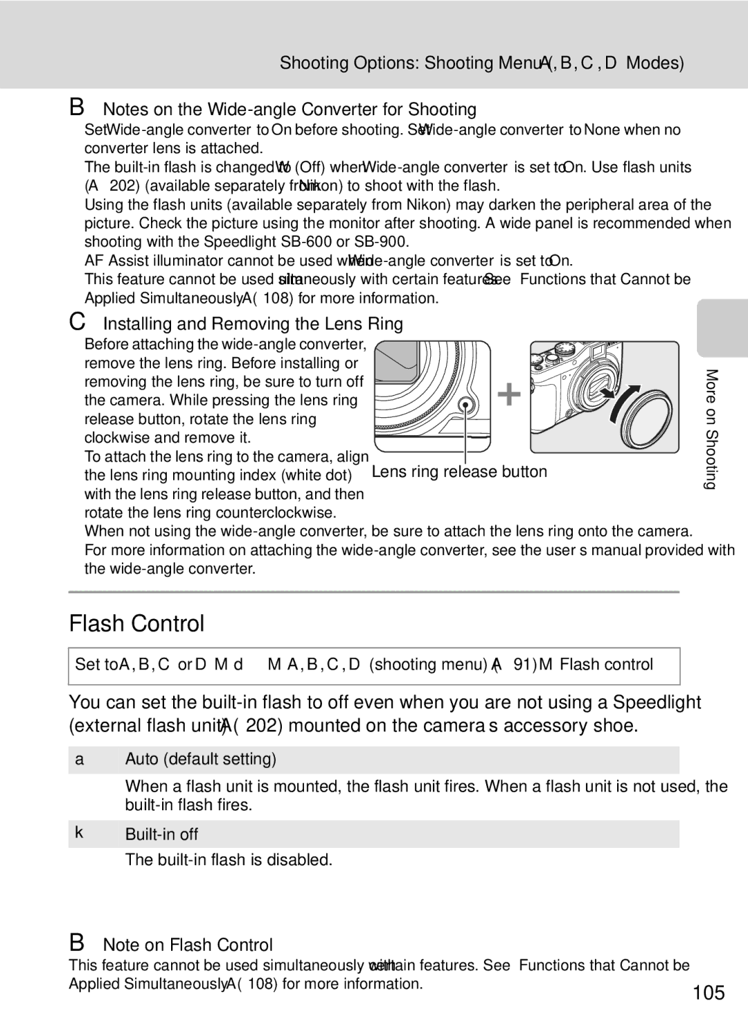 Nikon COOLPIXP7000 user manual Flash Control, 105, Installing and Removing the Lens Ring 