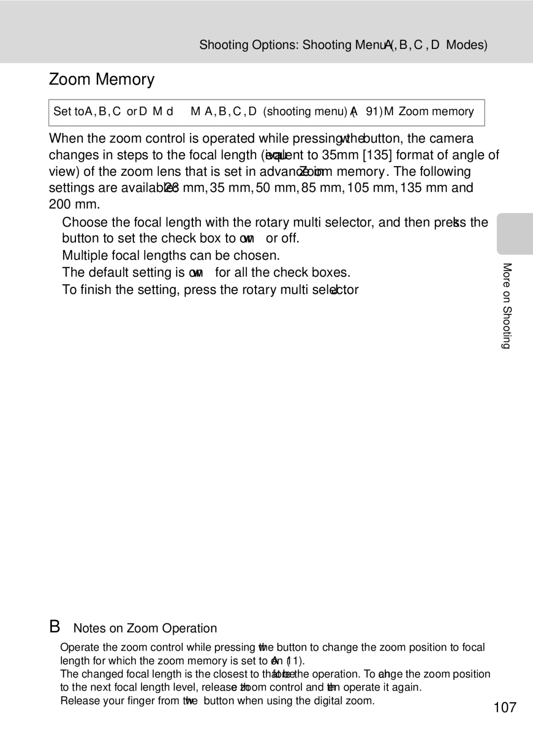 Nikon COOLPIXP7000 user manual Zoom Memory, 107, 200 mm 