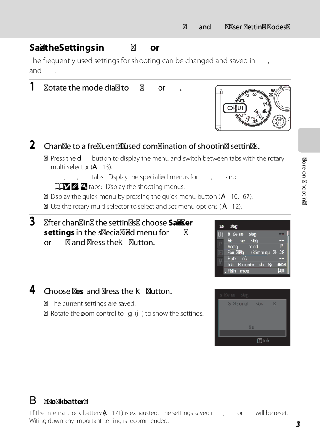 Nikon COOLPIXP7000 Save the Settings in E, For N, 113, Fand NUser Setting Modes, Clock battery, Current settings are saved 