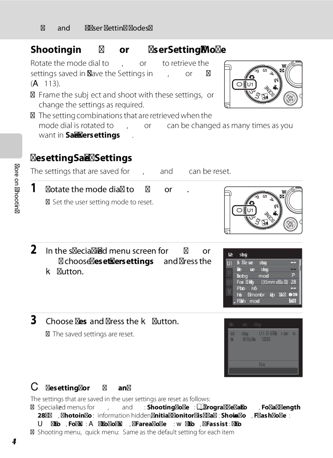 Nikon COOLPIXP7000 Shooting in E, For NUser Setting Mode, Resetting Saved Settings, Rotate the mode dial to E, For N, 114 