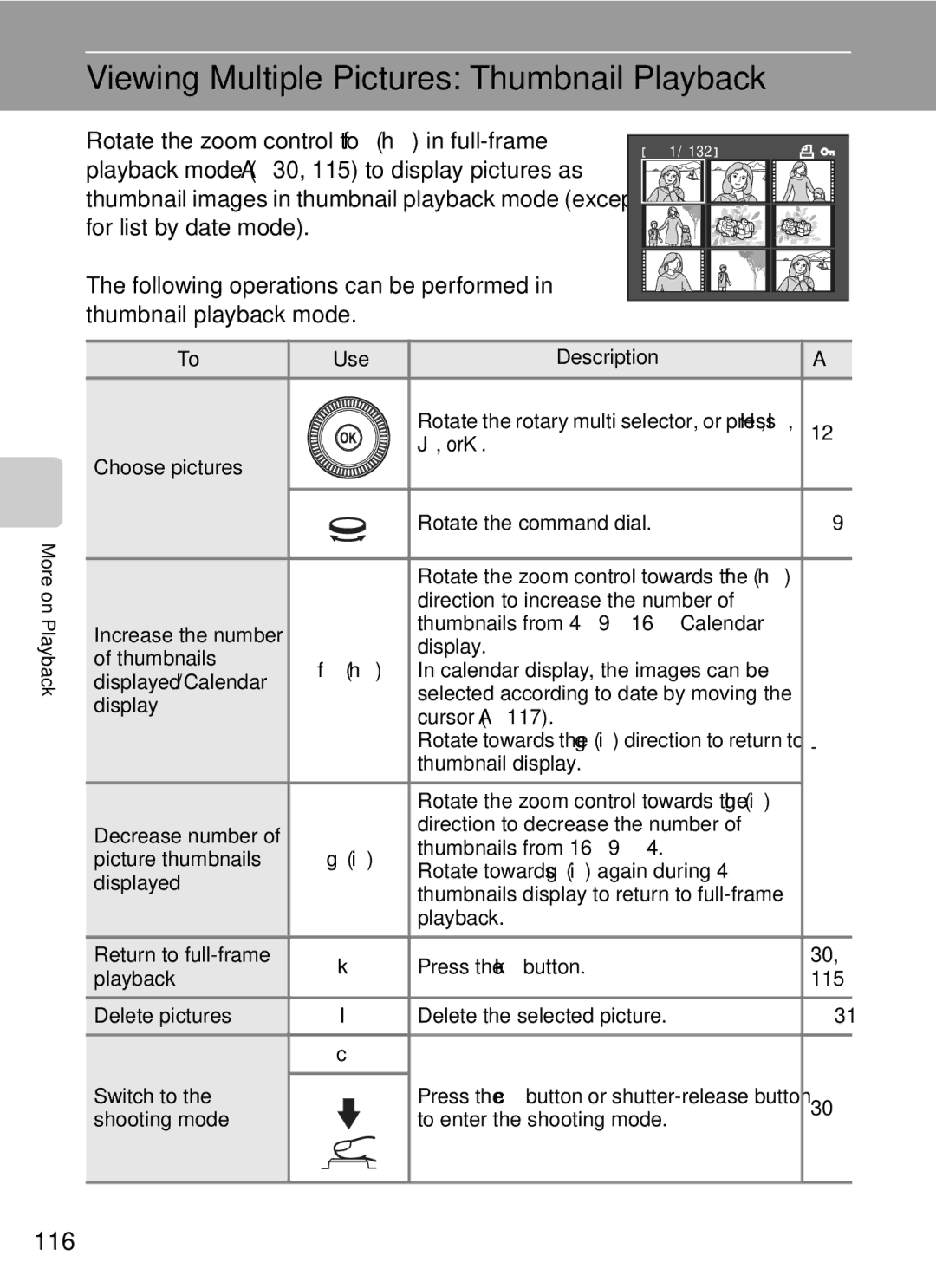 Nikon COOLPIXP7000 user manual Viewing Multiple Pictures Thumbnail Playback, 116 