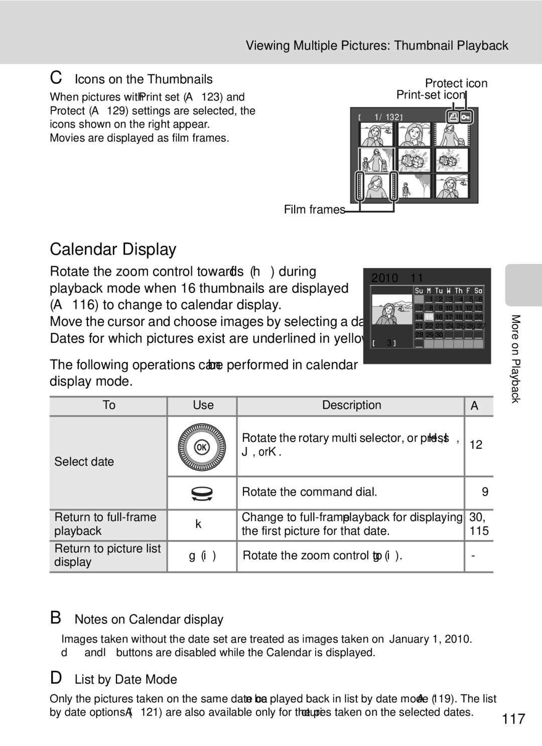 Nikon COOLPIXP7000 user manual Calendar Display, 117, Viewing Multiple Pictures Thumbnail Playback, Icons on the Thumbnails 