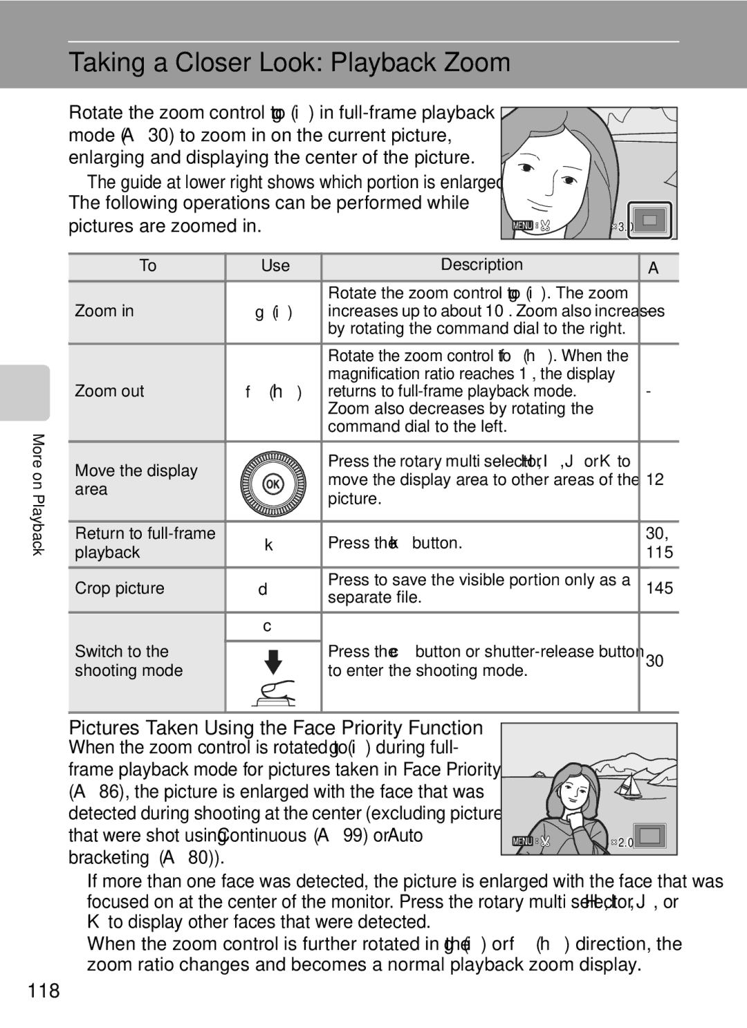 Nikon COOLPIXP7000 user manual Taking a Closer Look Playback Zoom, Pictures Taken Using the Face Priority Function, 118 