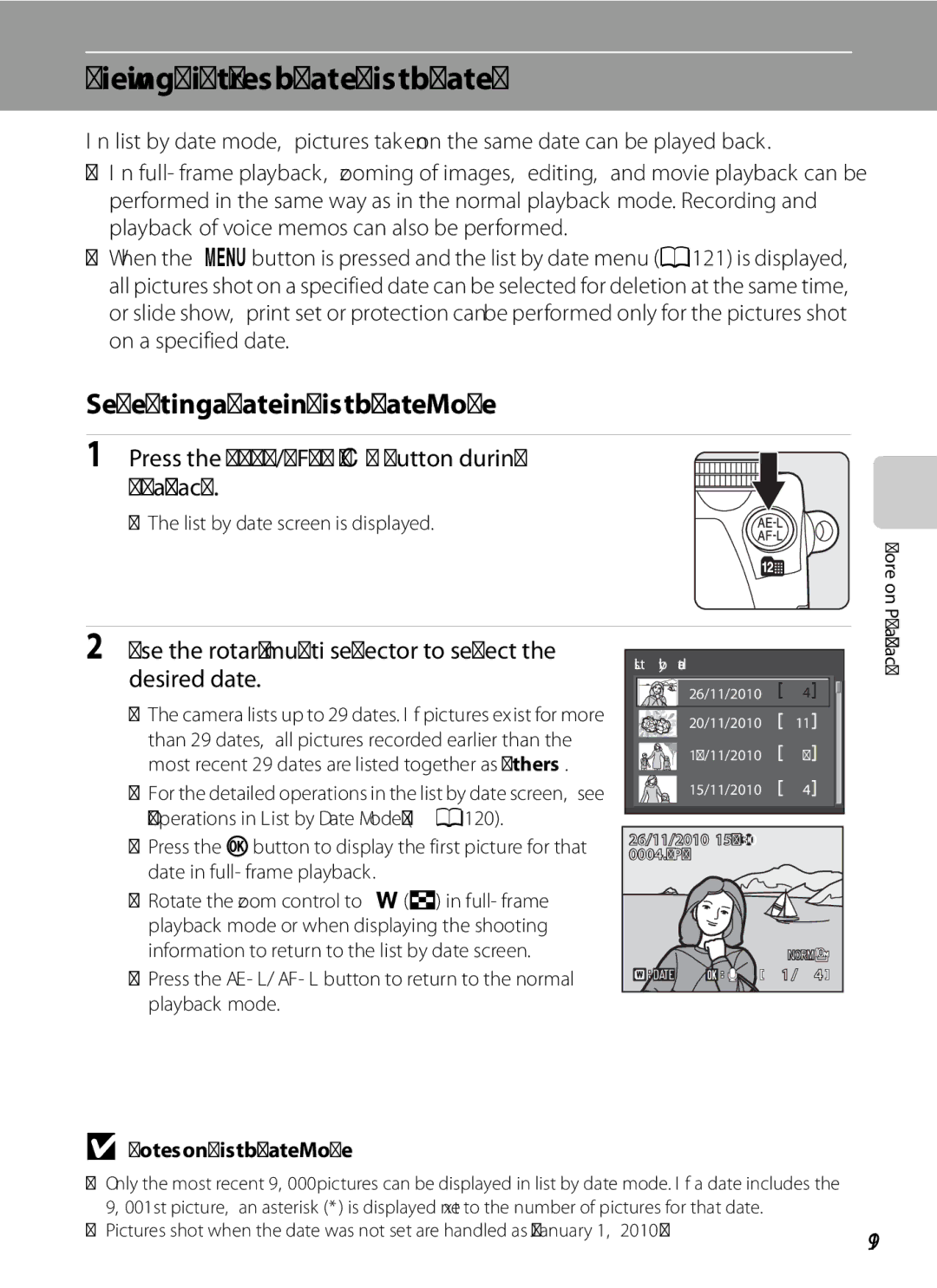 Nikon COOLPIXP7000 user manual Viewing Pictures by Date List by Date, Selecting a Date in List by Date Mode, 119 