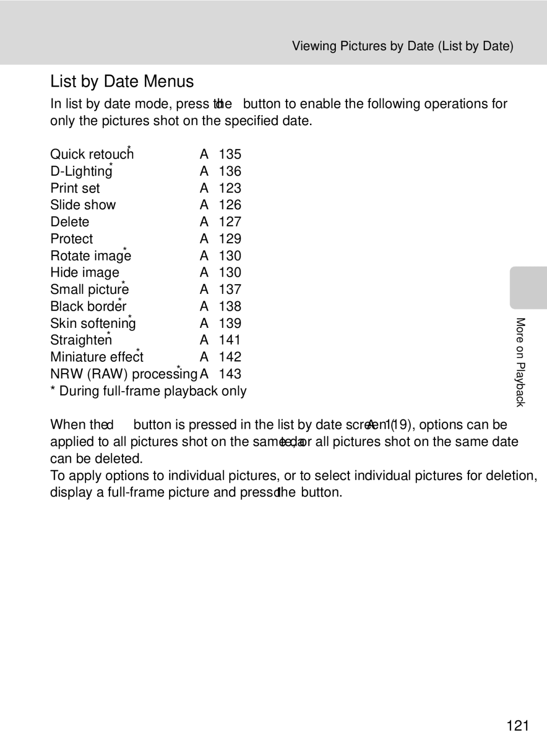 Nikon COOLPIXP7000 user manual List by Date Menus, 121 