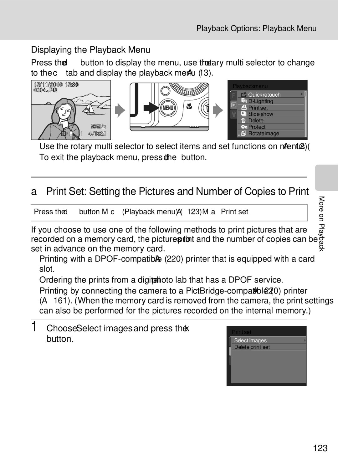 Nikon COOLPIXP7000 user manual Displaying the Playback Menu, Choose Select images and press the k, Button, 123 