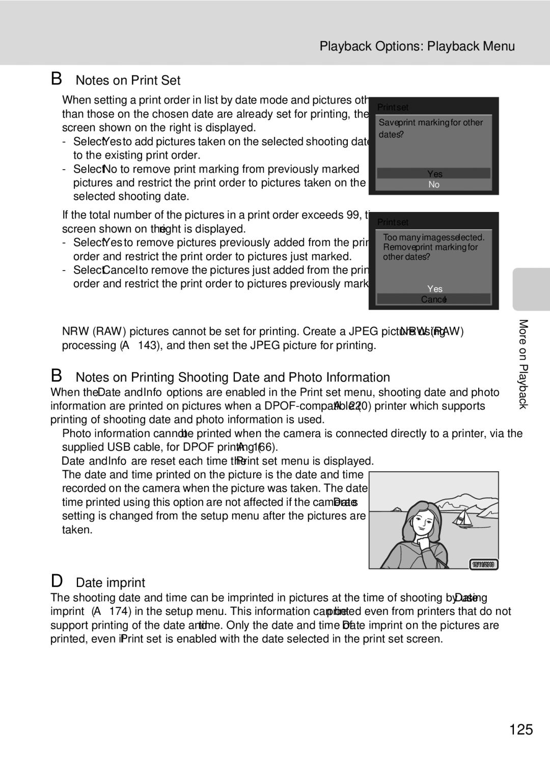 Nikon COOLPIXP7000 user manual 125, Date imprint 