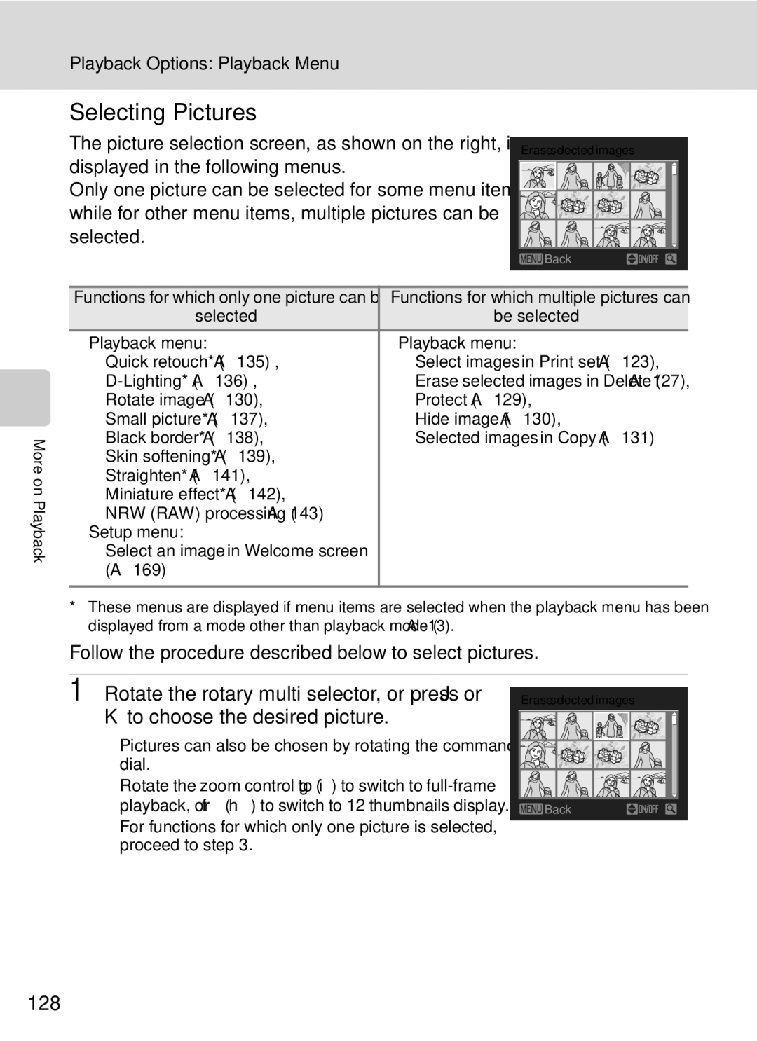 Nikon COOLPIXP7000 user manual Selecting Pictures, 128, Follow the procedure described below to select pictures 