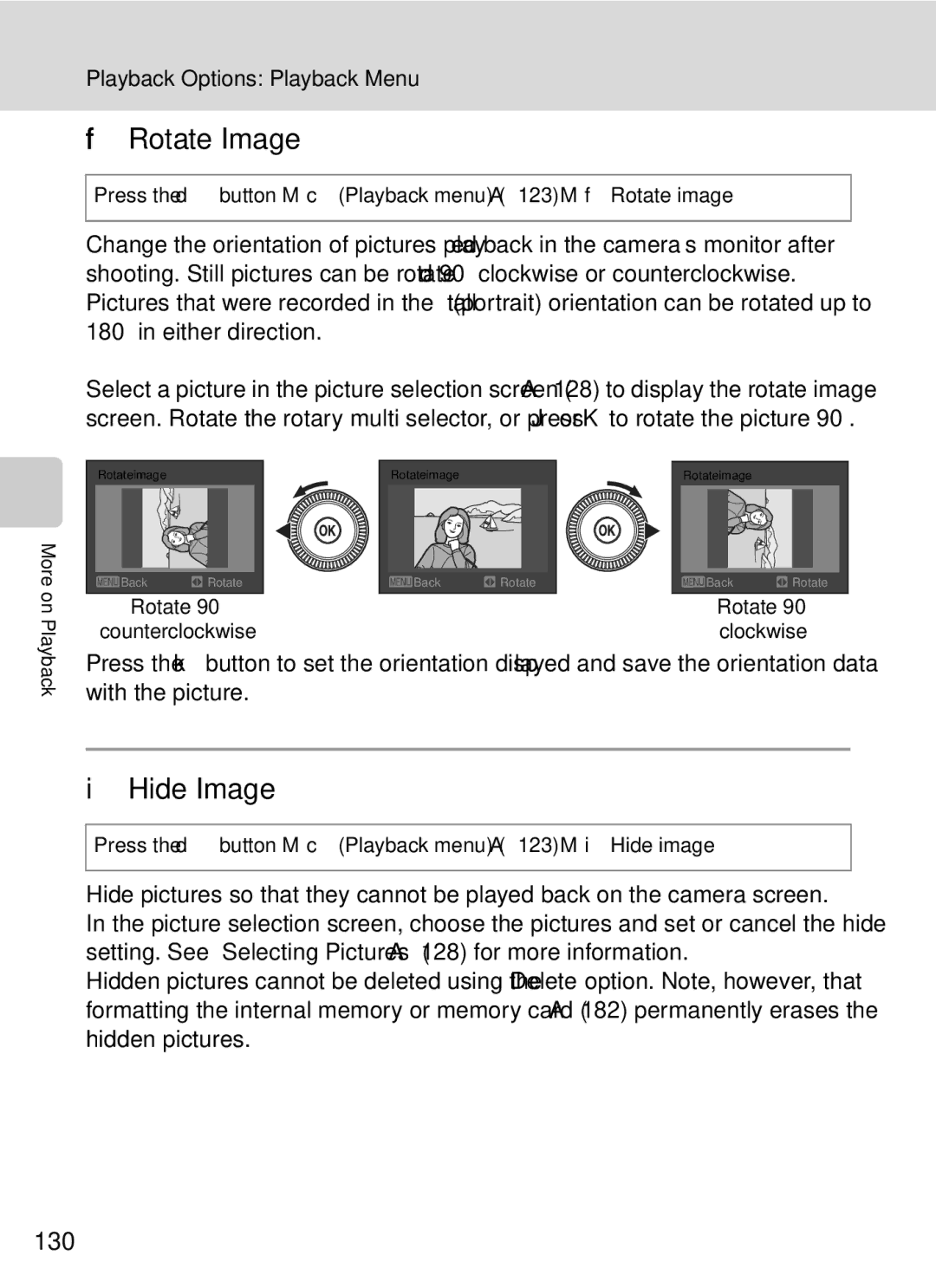 Nikon COOLPIXP7000 user manual Rotate Image, Hide Image, 130 