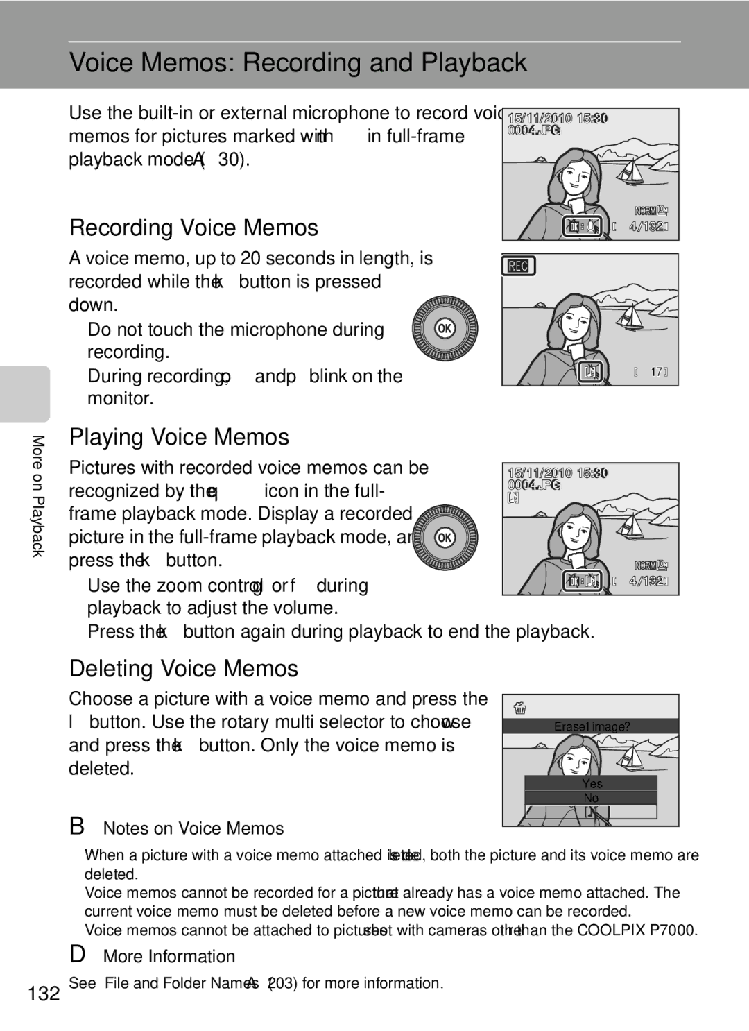 Nikon COOLPIXP7000 Voice Memos Recording and Playback, Recording Voice Memos, Playing Voice Memos, Deleting Voice Memos 