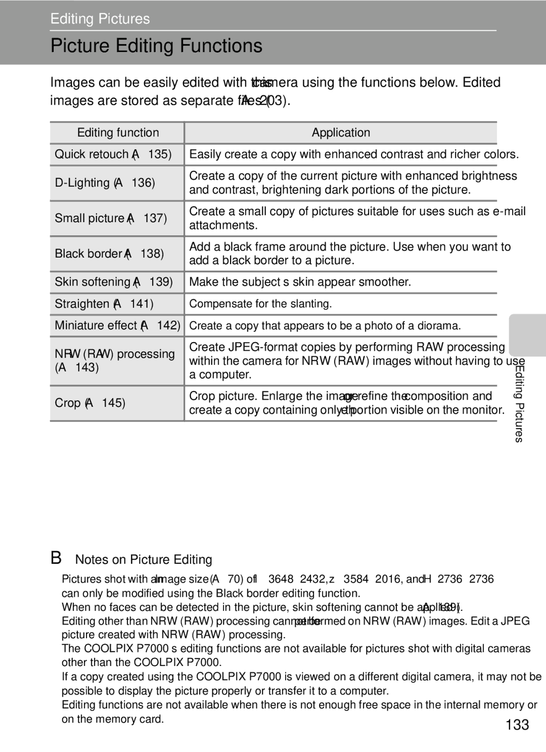 Nikon COOLPIXP7000 user manual Picture Editing Functions, 133 