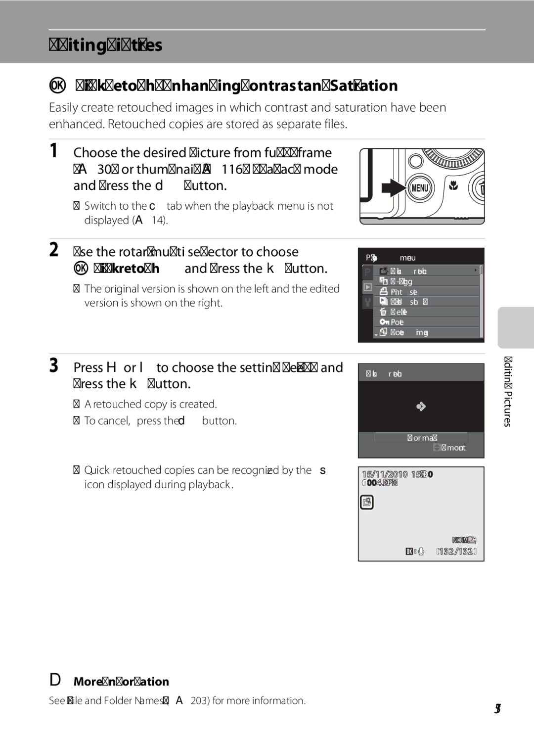 Nikon COOLPIXP7000 user manual Editing Pictures, Quick Retouch Enhancing Contrast and Saturation, 135 