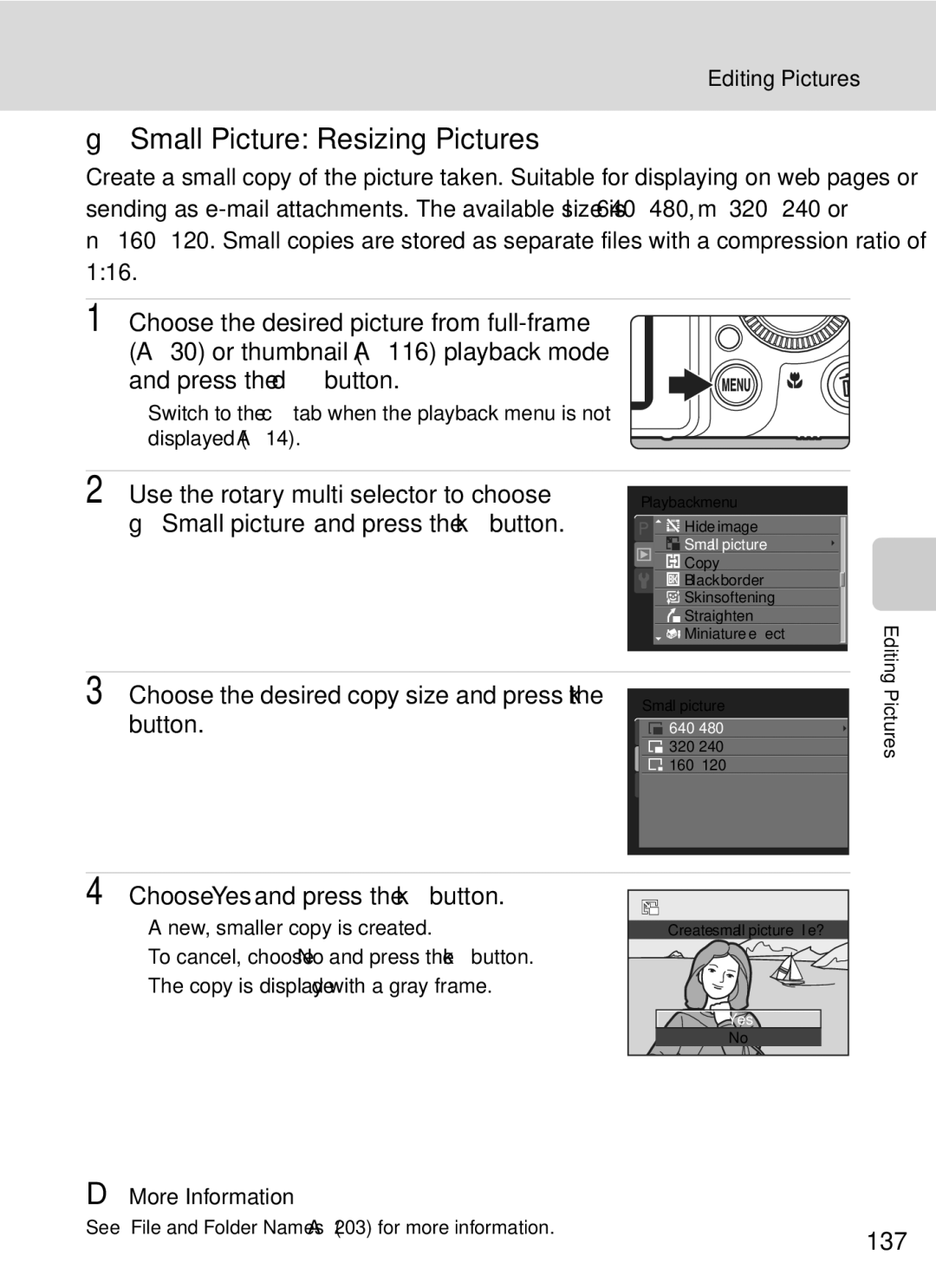 Nikon COOLPIXP7000 user manual Small Picture Resizing Pictures, 137 