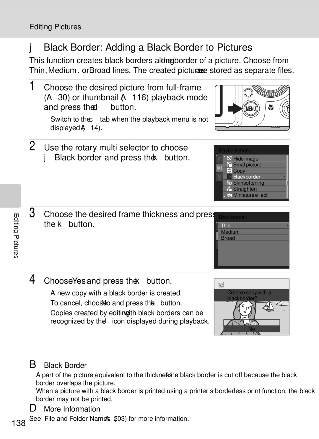 Nikon COOLPIXP7000 user manual Black Border Adding a Black Border to Pictures, New copy with a black border is created 