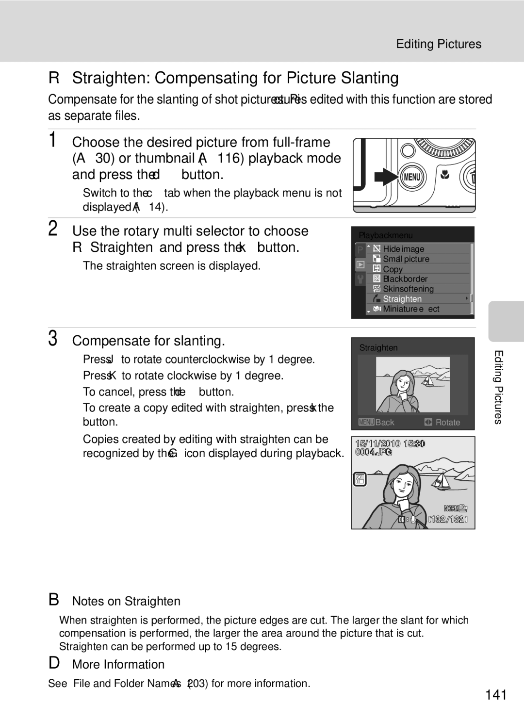 Nikon COOLPIXP7000 user manual Straighten Compensating for Picture Slanting, Compensate for slanting, 141 