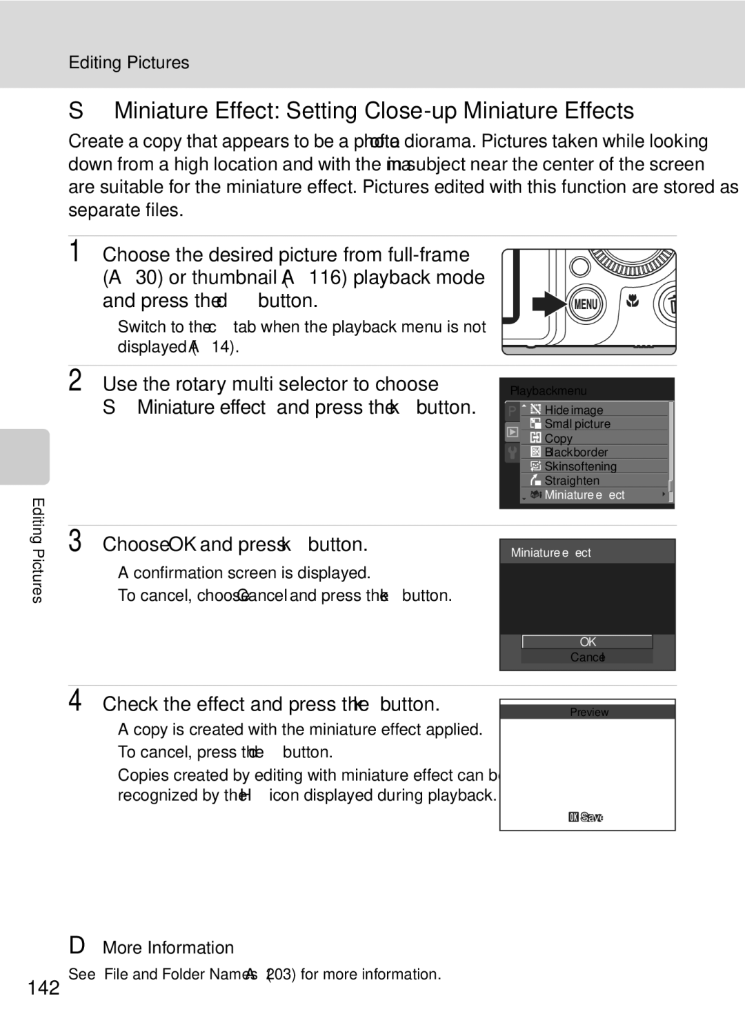 Nikon COOLPIXP7000 user manual Miniature Effect Setting Close-up Miniature Effects, Choose OK and press kbutton, 142 