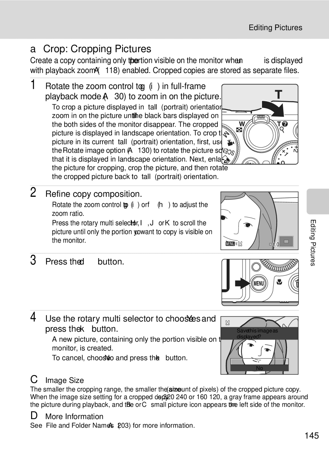 Nikon COOLPIXP7000 user manual Crop Cropping Pictures, Refine copy composition, 145, Image Size 