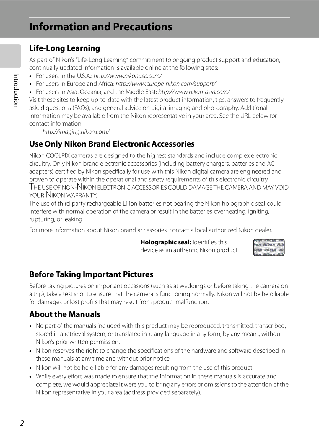 Nikon COOLPIXP7000 user manual Information and Precautions, Life-Long Learning, Use Only Nikon Brand Electronic Accessories 