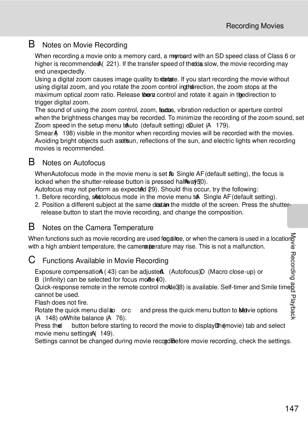 Nikon COOLPIXP7000 user manual 147, Recording Movies, Functions Available in Movie Recording 