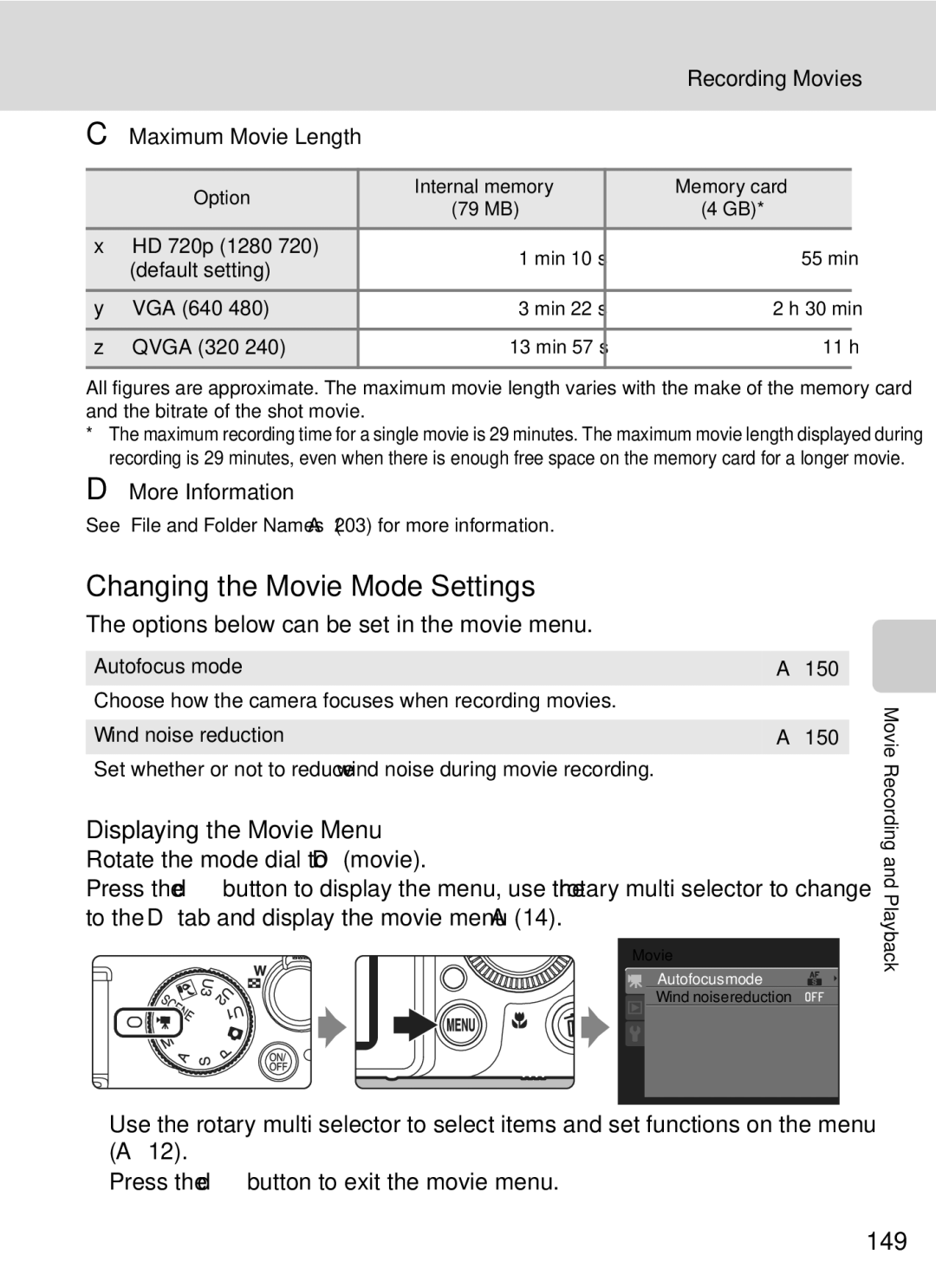 Nikon COOLPIXP7000 user manual Changing the Movie Mode Settings, Displaying the Movie Menu, 149, Maximum Movie Length 