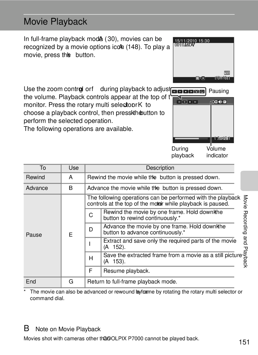 Nikon COOLPIXP7000 user manual Movie Playback, 151, Pausing 