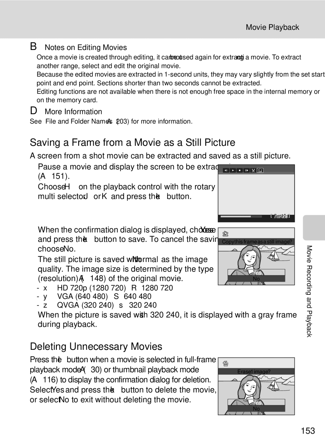 Nikon COOLPIXP7000 user manual Saving a Frame from a Movie as a Still Picture, Deleting Unnecessary Movies, 153 