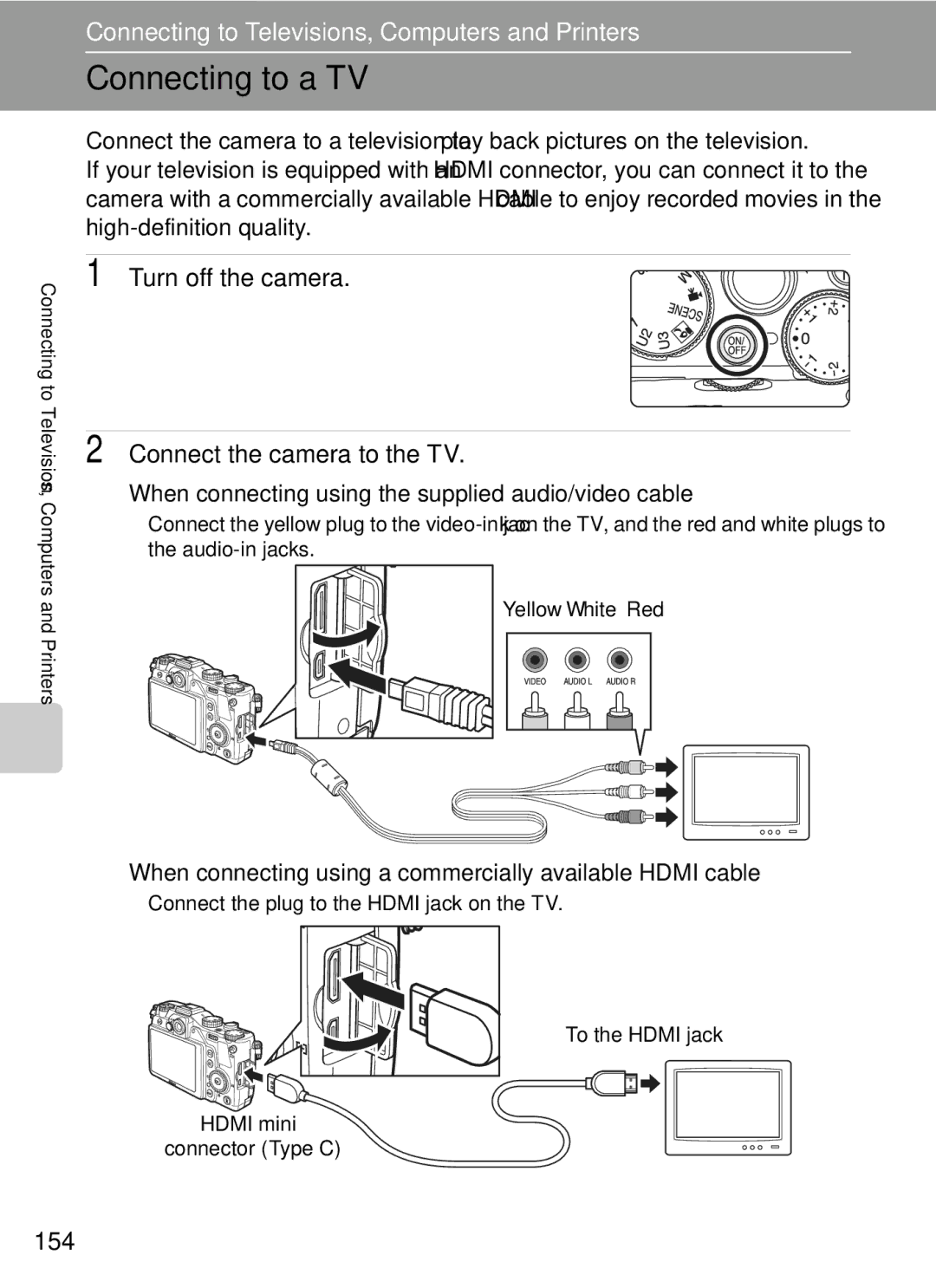 Nikon COOLPIXP7000 user manual Connecting to a TV, Turn off the camera Connect the camera to the TV, 154 