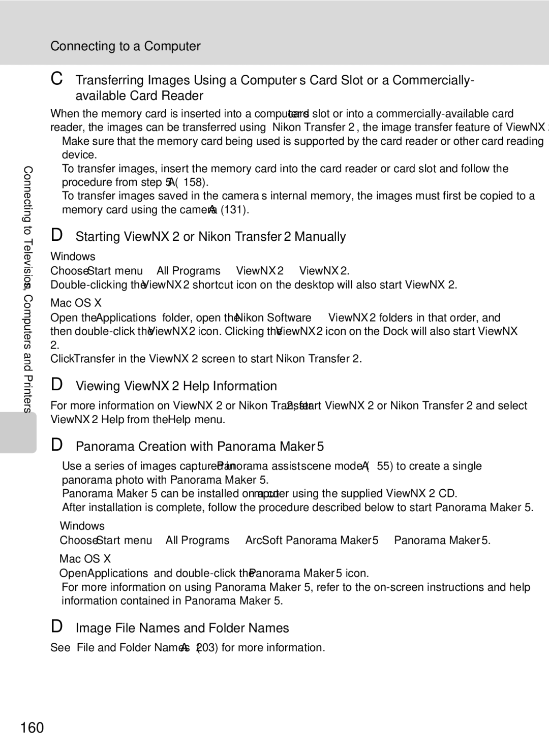 Nikon COOLPIXP7000 user manual 160, Starting ViewNX 2 or Nikon Transfer 2 Manually, Viewing ViewNX 2 Help Information 