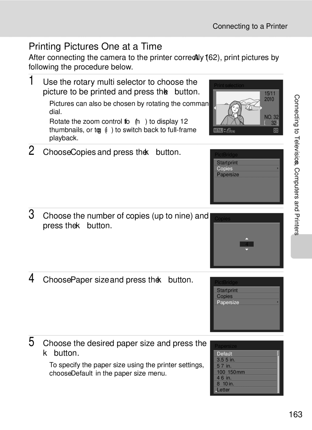 Nikon COOLPIXP7000 user manual Printing Pictures One at a Time, Choose Copies and press the kbutton, 163 