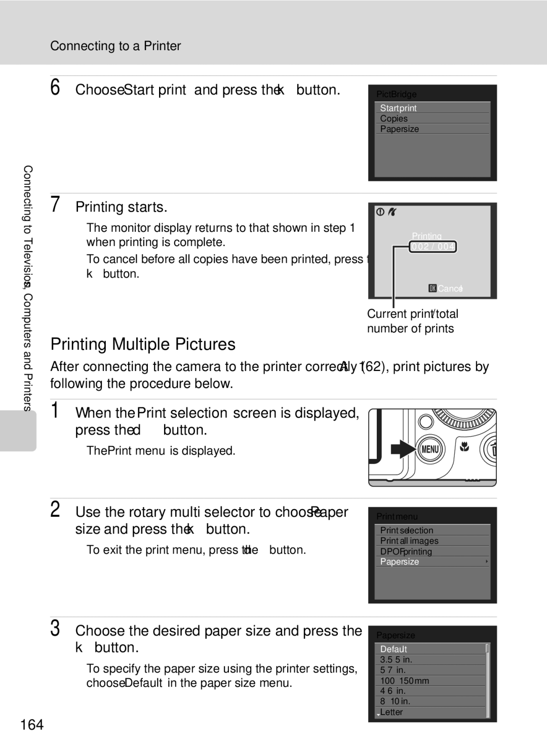 Nikon COOLPIXP7000 user manual Printing Multiple Pictures, Printing starts, 164, Current print/total number of prints 