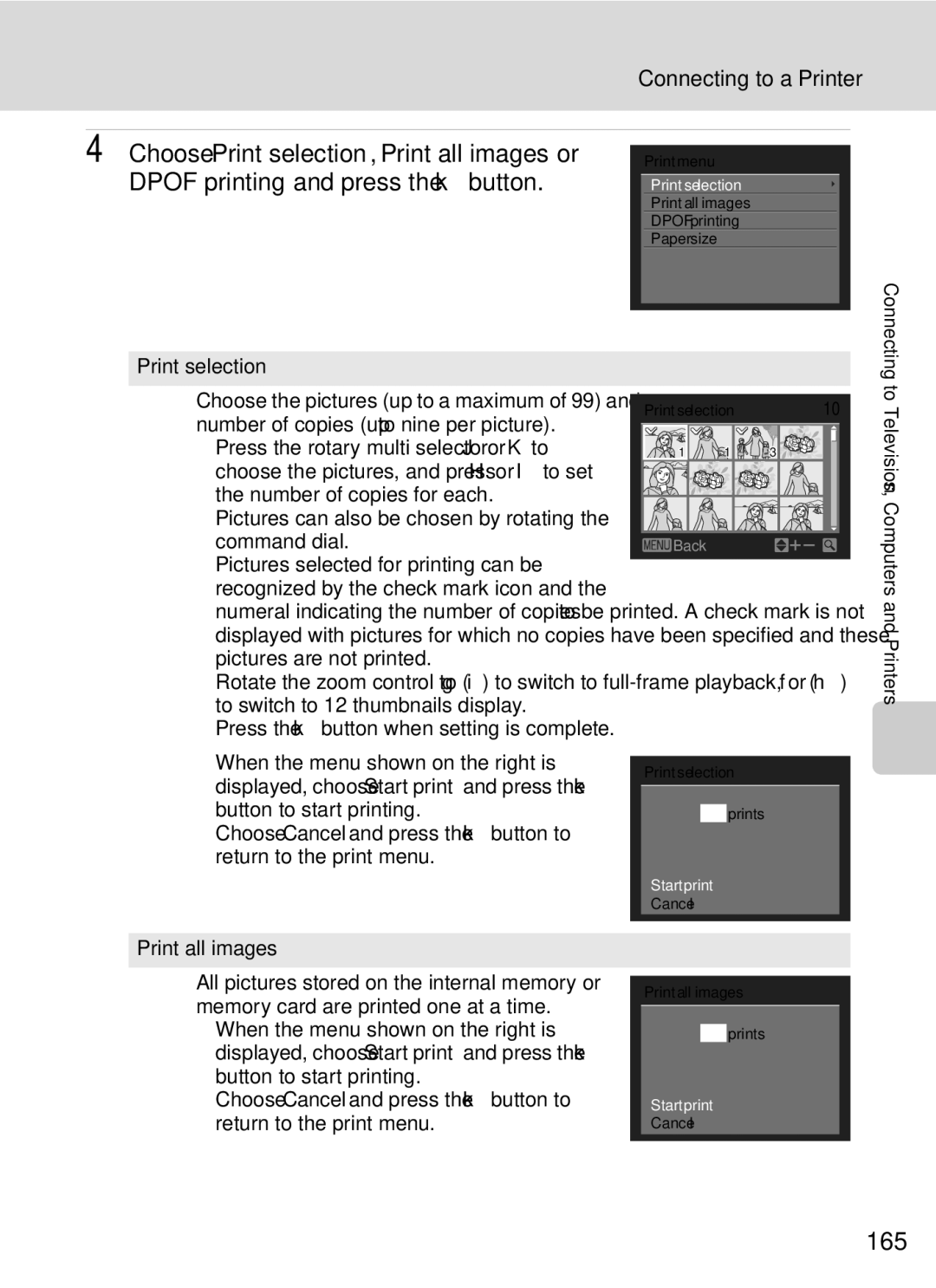 Nikon COOLPIXP7000 user manual 165, Print selection, Number of copies up to nine per picture, Print all images 