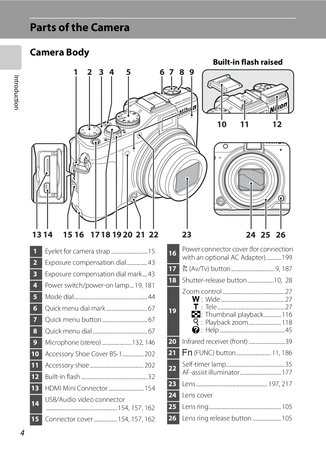 Nikon COOLPIXP7000 user manual Parts of the Camera, Camera Body, Built-in flash raised 