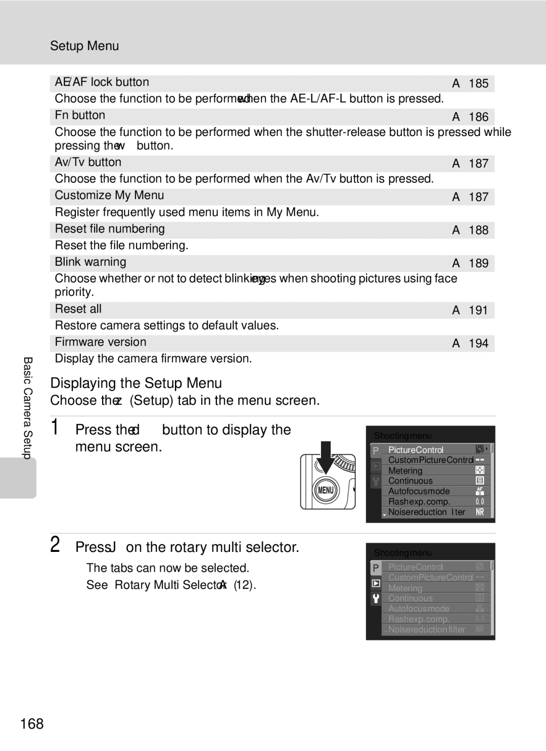 Nikon COOLPIXP7000 user manual Displaying the Setup Menu, Press the dbutton to display the menu screen, 168 