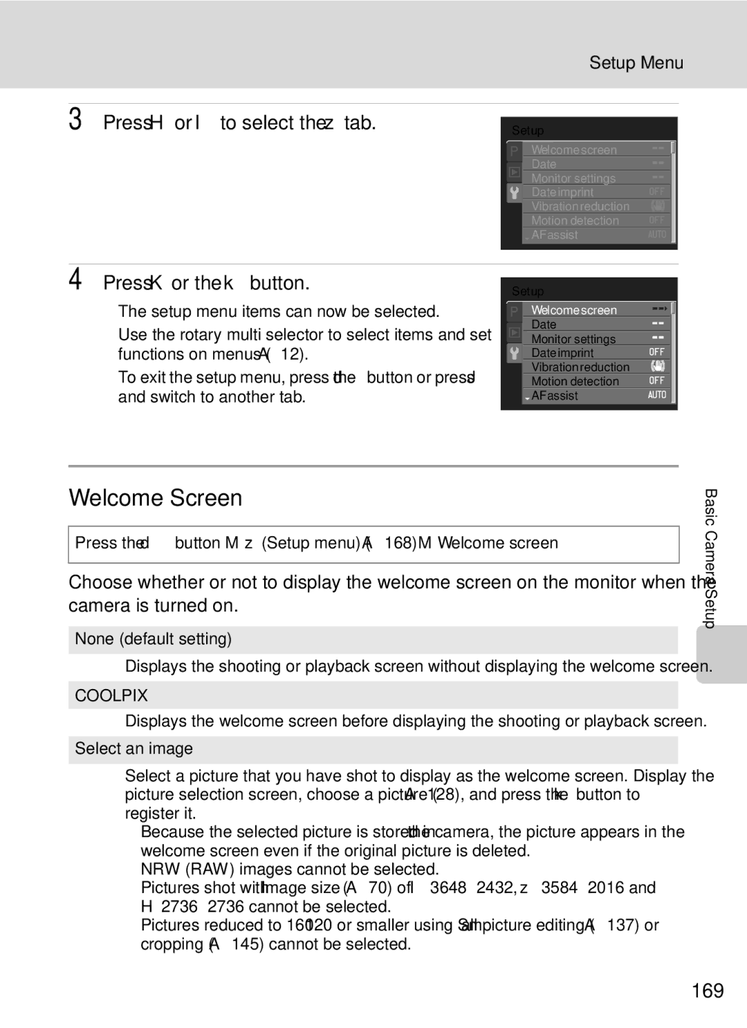 Nikon COOLPIXP7000 user manual Welcome Screen, Press Hor Ito select the ztab, Press Kor the kbutton, 169 