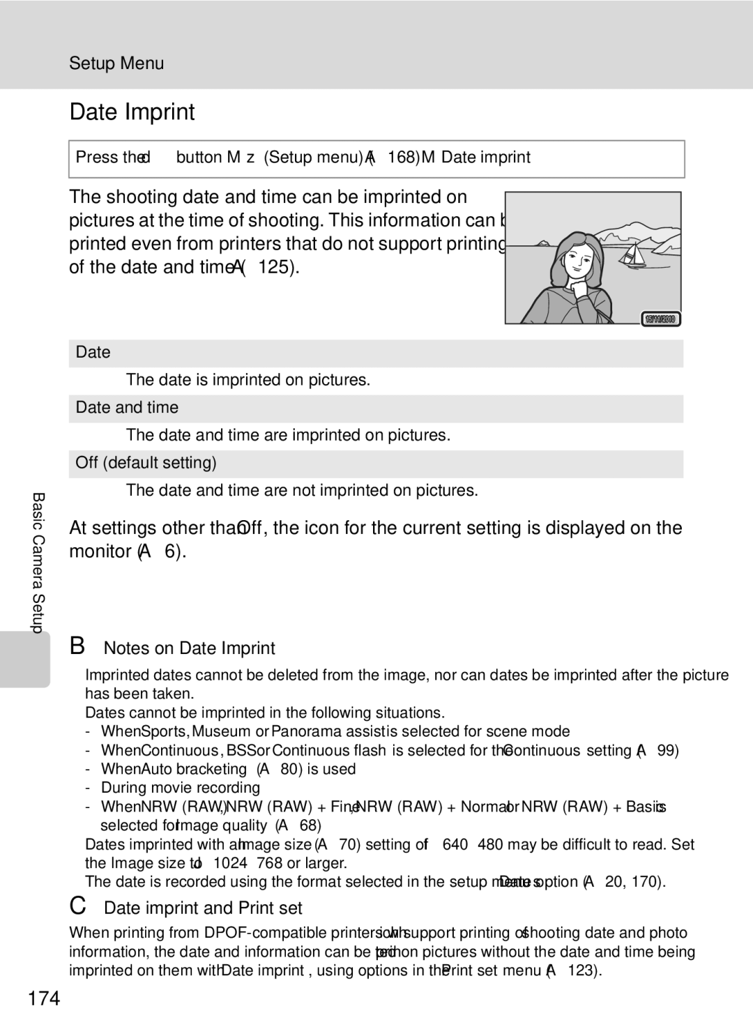 Nikon COOLPIXP7000 Date Imprint, 174, Date imprint and Print set, Press the dbutton MzSetup menu A168 MDate imprint 