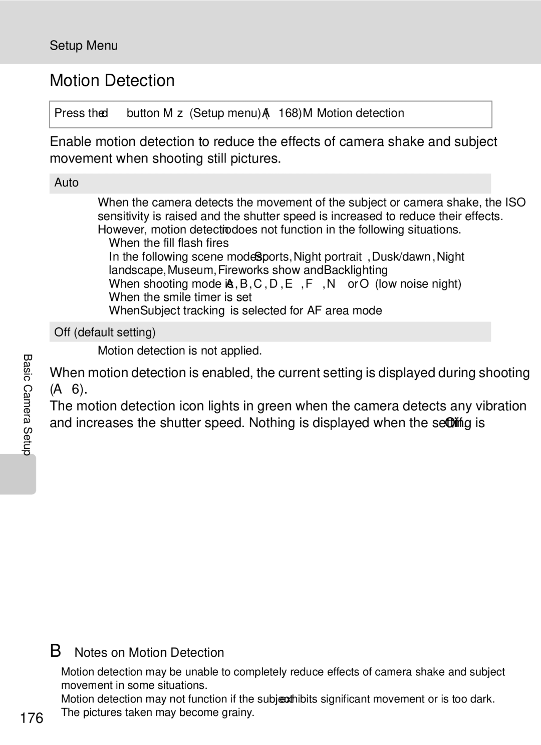 Nikon COOLPIXP7000 user manual Motion Detection, 176, Press the dbutton MzSetup menu A168 MMotion detection, Auto 