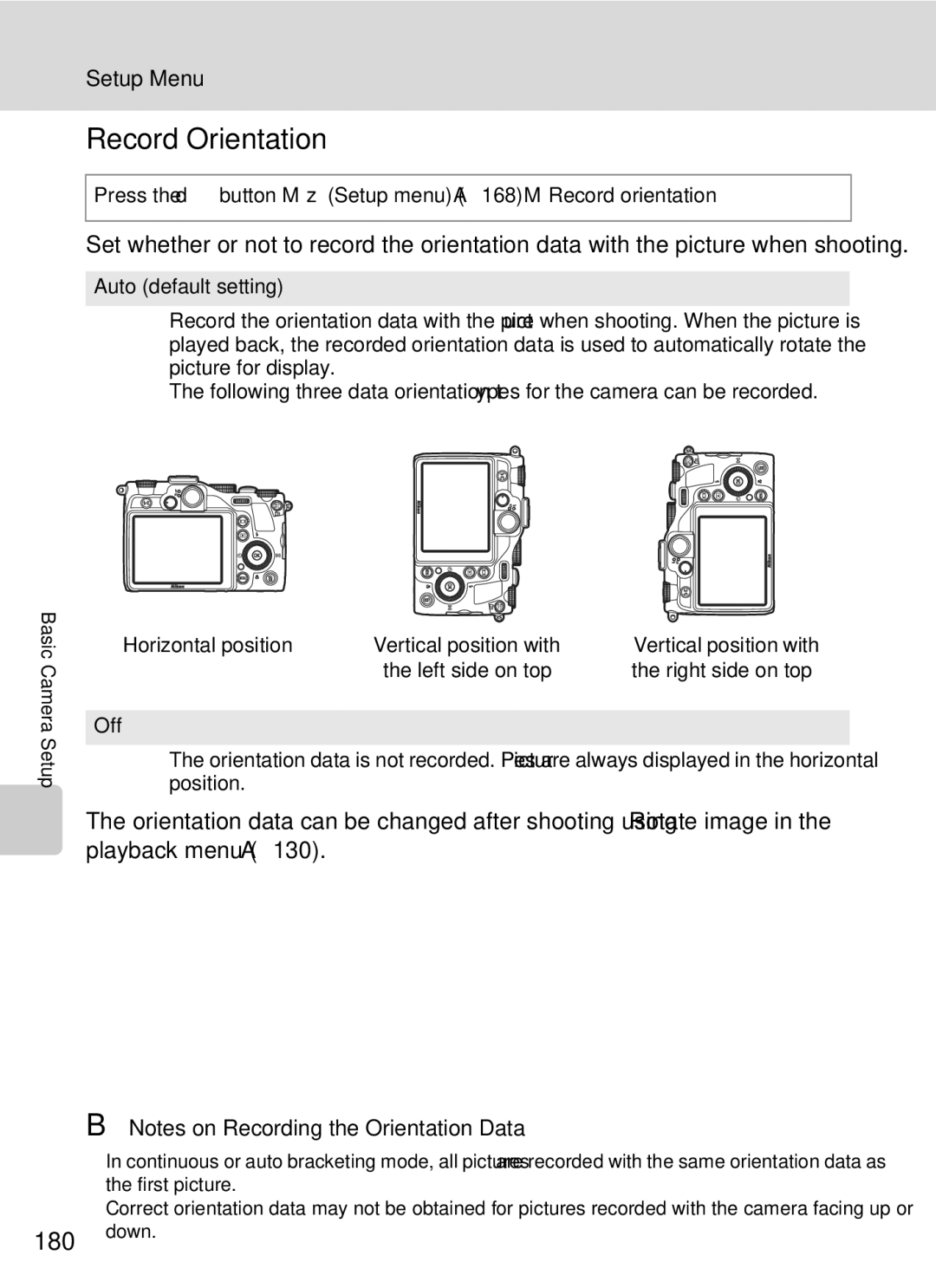 Nikon COOLPIXP7000 user manual Record Orientation, 180, Press the dbutton MzSetup menu A168 MRecord orientation 