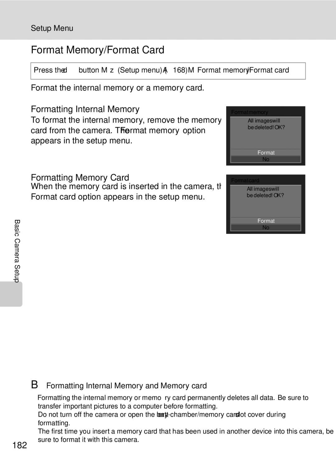 Nikon COOLPIXP7000 user manual Format Memory/Format Card, Formatting Internal Memory, Formatting Memory Card, 182 