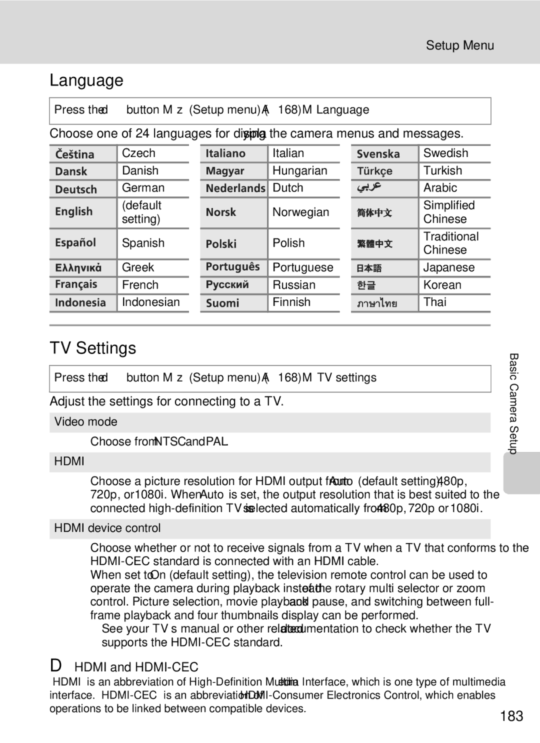 Nikon COOLPIXP7000 user manual Language, TV Settings, 183, Adjust the settings for connecting to a TV, Hdmi and HDMI-CEC 