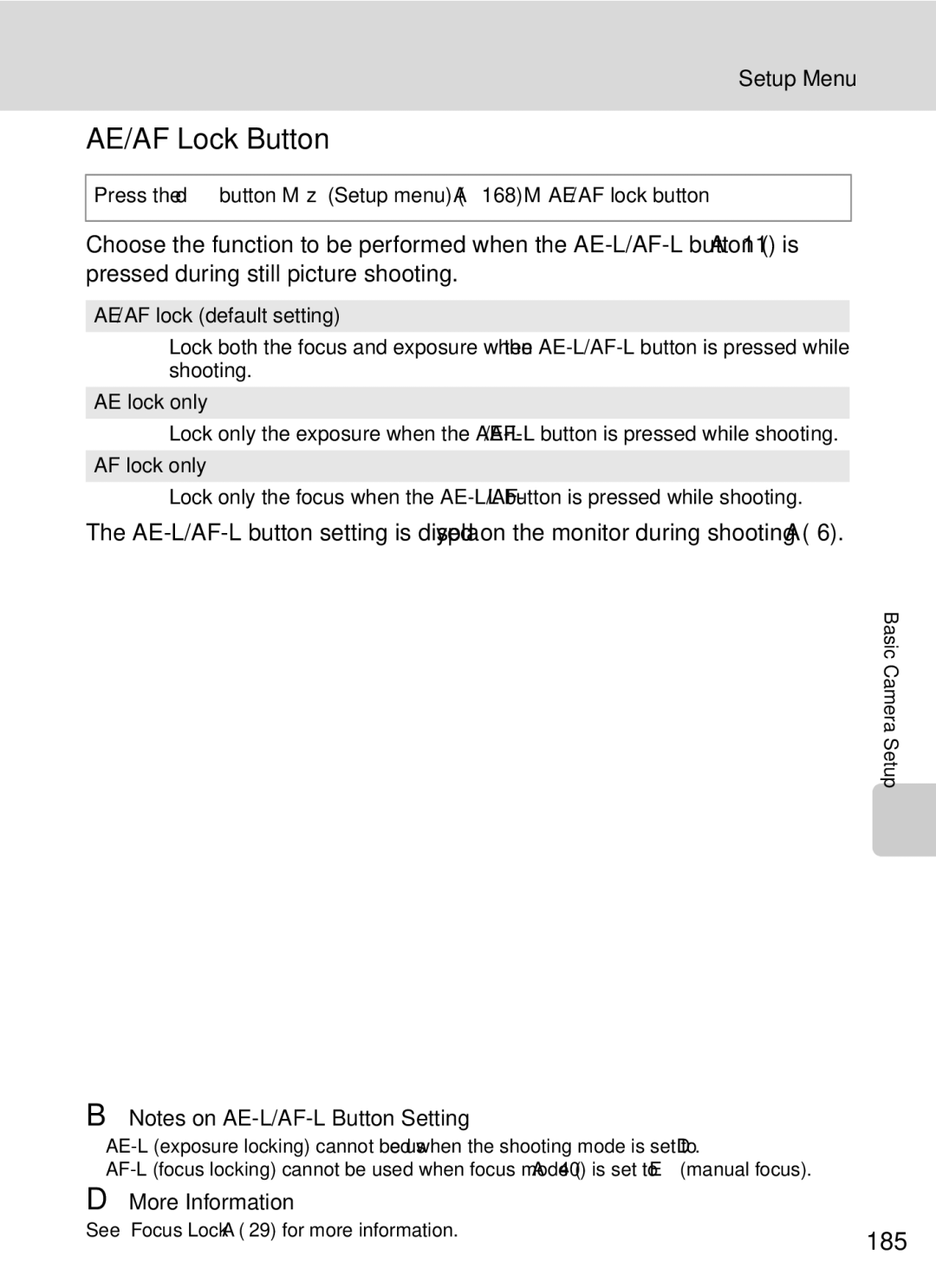 Nikon COOLPIXP7000 user manual AE/AF Lock Button, 185, Press the dbutton MzSetup menu A168 MAE/AF lock button 