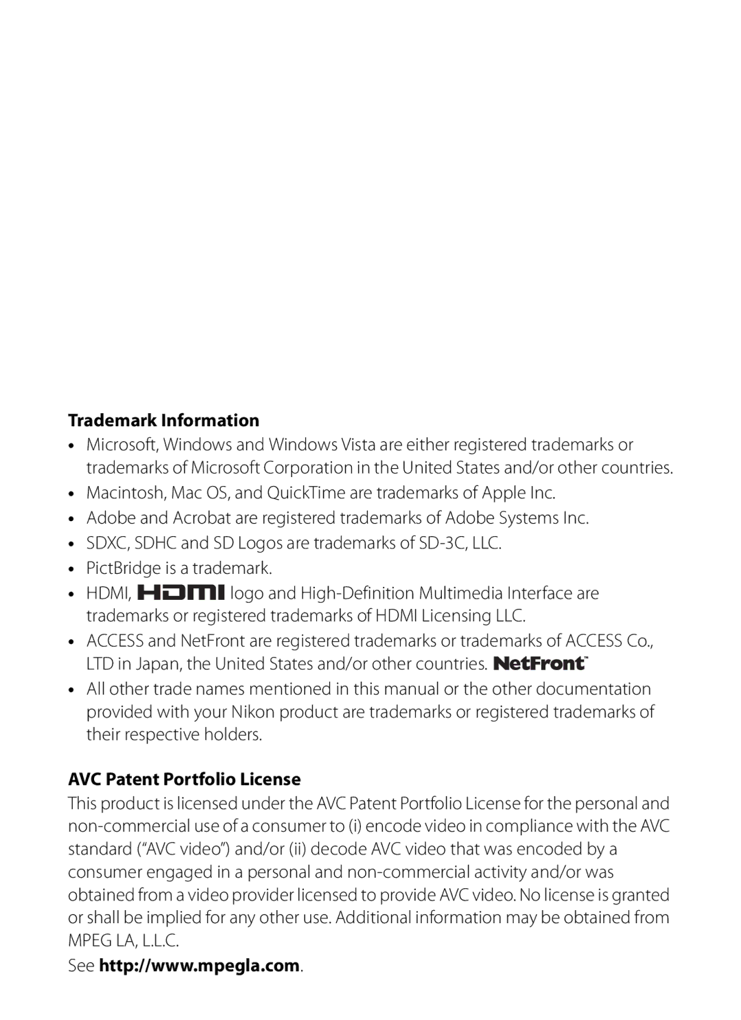 Nikon COOLPIXP7000 user manual Trademark Information, AVC Patent Portfolio License 